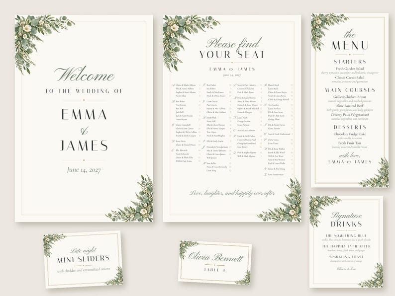Pakket met gepersonaliseerde trouwborden, welkomstbord met groen, tafelindeling, naamkaartjes, menu- en barbord, printbare digitale bestanden. afbeelding 1