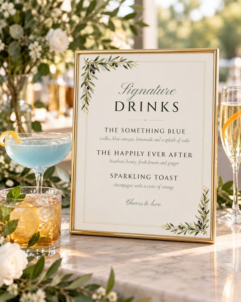 Custom Wedding Sign Bundle, Olive Branch Welcome Sign, Seating Chart, Name Tents, Menu and Bar Sign, Printable Digital Files image 6