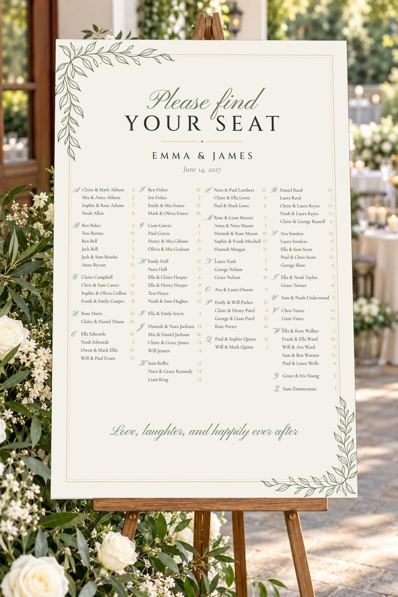 Individuelles Hochzeitsschild-Set: Willkommensschild mit botanischer Linienzeichnung, Sitzplan, Namensschilder, Menü- und Barschild, druckbare digitale Dateien Bild 2
