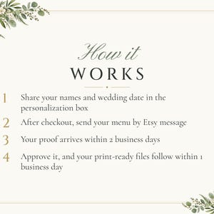Custom Wedding Dinner Menu, Greenery Reception Menu Card, Eucalyptus Place Setting Menu, Printable 4x9 Digital File image 4