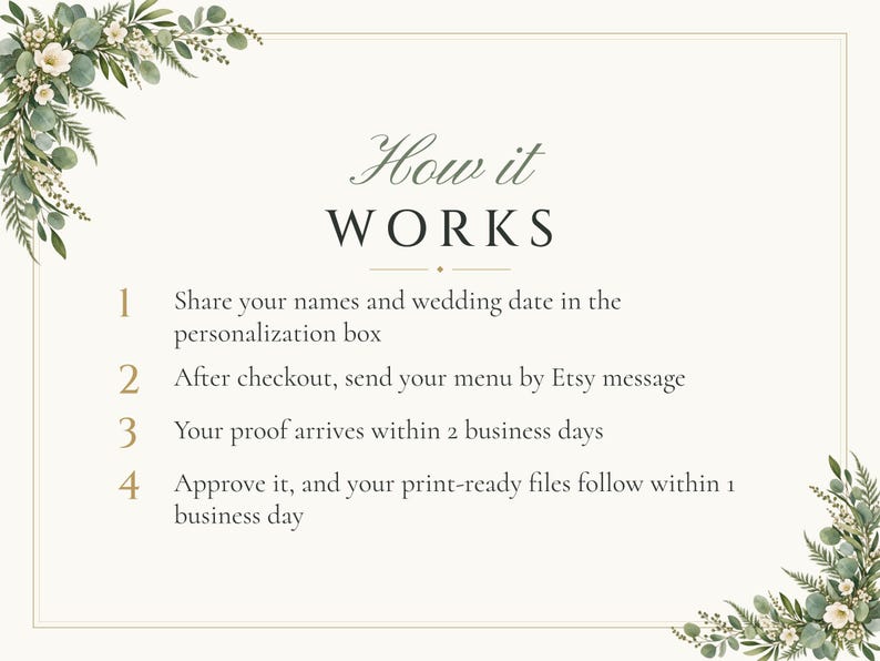 Custom Wedding Dinner Menu, Greenery Reception Menu Card, Eucalyptus Place Setting Menu, Printable 4x9 Digital File image 4