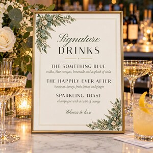 Pakket met gepersonaliseerde trouwborden, welkomstbord met groen, tafelindeling, naamkaartjes, menu- en barbord, printbare digitale bestanden. afbeelding 6