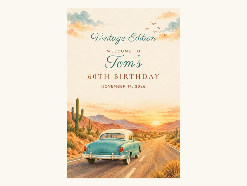 Letrero de bienvenida de cumpleaños personalizado, edición vintage, decoración de cumpleaños con diseño de coche retro, archivo digital imprimible de 24x36 pulgadas. imagen 2