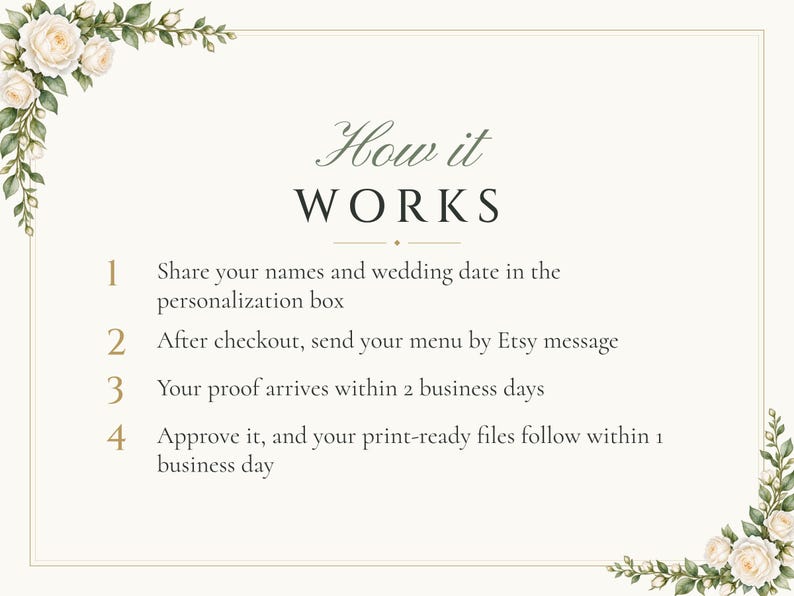 Custom Wedding Dinner Menu, White Rose Reception Menu Card, Garden Rose Place Setting Menu, Printable 4x9 Digital File image 4