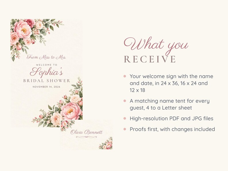 Bridal Shower Welcome Sign and Name Tents Set, From Miss to Mrs, Peony Corner Bridal Shower Decor, Custom Printable Digital Files image 5