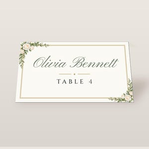Custom Wedding Name Tents, White Rose Place Cards with Table Numbers, Garden Rose Escort Cards, Printable Digital File image 2