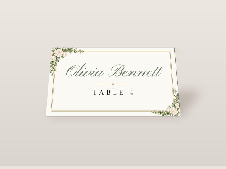 Custom Wedding Name Tents, White Rose Place Cards with Table Numbers, Garden Rose Escort Cards, Printable Digital File image 2