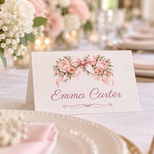 Baby Shower Name Tents, Oh Baby Girl Pink Bow Place Cards, Pink Peony Luncheon Table Decor, Custom Printable Digital File