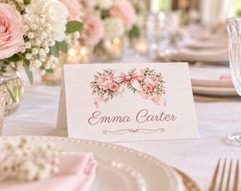 Baby Shower Name Tents, Oh Baby Girl Pink Bow Place Cards, Pink Peony Luncheon Table Decor, Custom Printable Digital File
