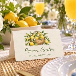 Bridal Shower Name Tents, She Found Her Main Squeeze Lemon Place Cards, Lemon Basket Luncheon Table Decor, Custom Printable Digital File image 1