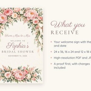 Custom Bridal Shower Welcome Sign, From Miss to Mrs Sign, Blush Peony Bridal Shower Decor, Printable 24x36 Digital File immagine 5