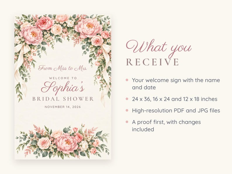 Custom Bridal Shower Welcome Sign, From Miss to Mrs Sign, Blush Peony Bridal Shower Decor, Printable 24x36 Digital File immagine 5