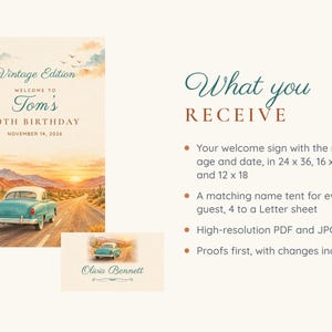 Birthday Welcome Sign and Name Tents Set, Vintage Edition, Retro Car Birthday Decor, Custom Printable Digital Files image 5