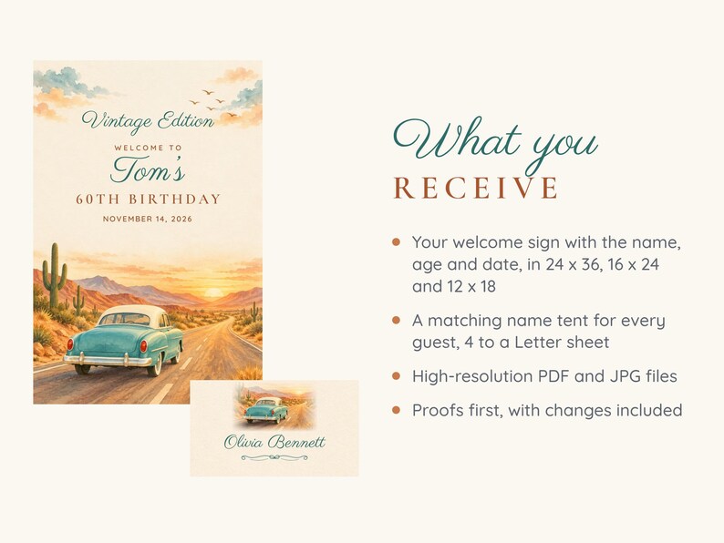 Birthday Welcome Sign and Name Tents Set, Vintage Edition, Retro Car Birthday Decor, Custom Printable Digital Files image 5