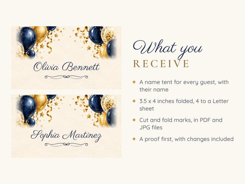 Tarjetas de cumpleaños con nombres, tarjetas de lugar con globos azul marino y dorado, decoración de mesa para cena de cumpleaños con el tema "¡Salud!", archivo digital imprimible personalizado. imagen 5