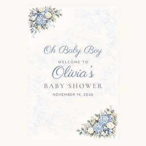 Custom Baby Shower Welcome Sign, Oh Baby Boy Blue Bow Sign, Floral Corner Baby Boy Shower Decor, Printable 24x36 Digital File image 2