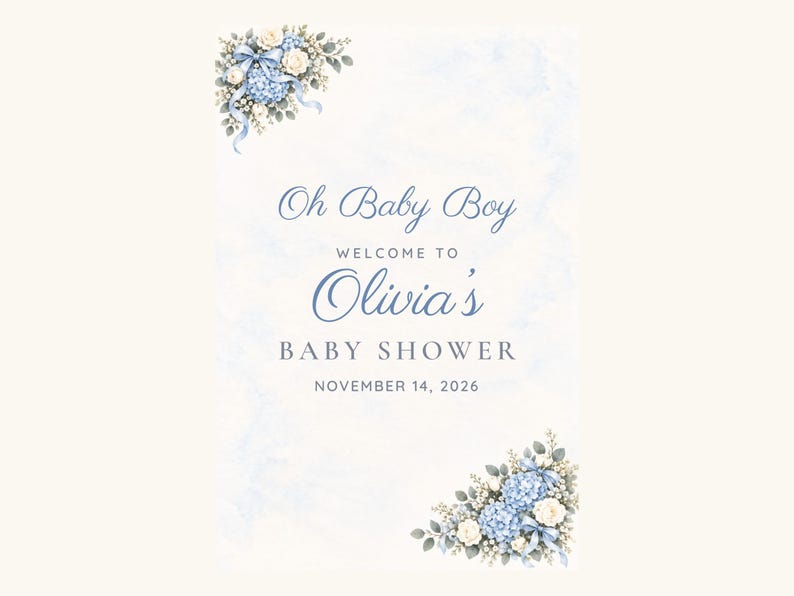 Custom Baby Shower Welcome Sign, Oh Baby Boy Blue Bow Sign, Floral Corner Baby Boy Shower Decor, Printable 24x36 Digital File image 2