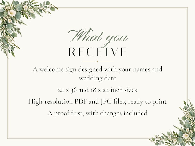 Custom Wedding Welcome Sign, Greenery Welcome Sign with Names and Date, Eucalyptus Wedding Sign, Printable 24x36 Digital File image 5