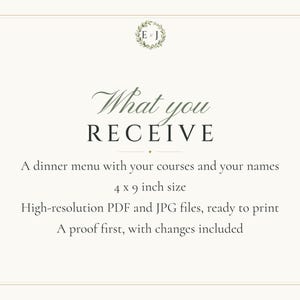 Custom Wedding Dinner Menu, Monogram Reception Menu Card, Wreath Place Setting Menu, Printable 4x9 Digital File image 5