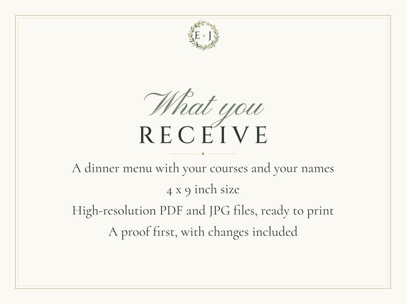 Custom Wedding Dinner Menu, Monogram Reception Menu Card, Wreath Place Setting Menu, Printable 4x9 Digital File image 5