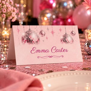 Birthday Name Tents, Pink Disco Ball Place Cards, Disco Birthday Dinner Table Decor, Custom Printable Digital File image 1