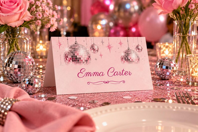 Birthday Name Tents, Pink Disco Ball Place Cards, Disco Birthday Dinner Table Decor, Custom Printable Digital File image 1