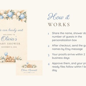 May include: A baby shower sign and matching card featuring two teddy bears, blue and cream balloons, and floral accents. The text reads: We can bearly wait, Welcome to Olivia's Baby Shower, November 14, 2026, and Olivia Bennett. Includes instructions: How it WORKS.