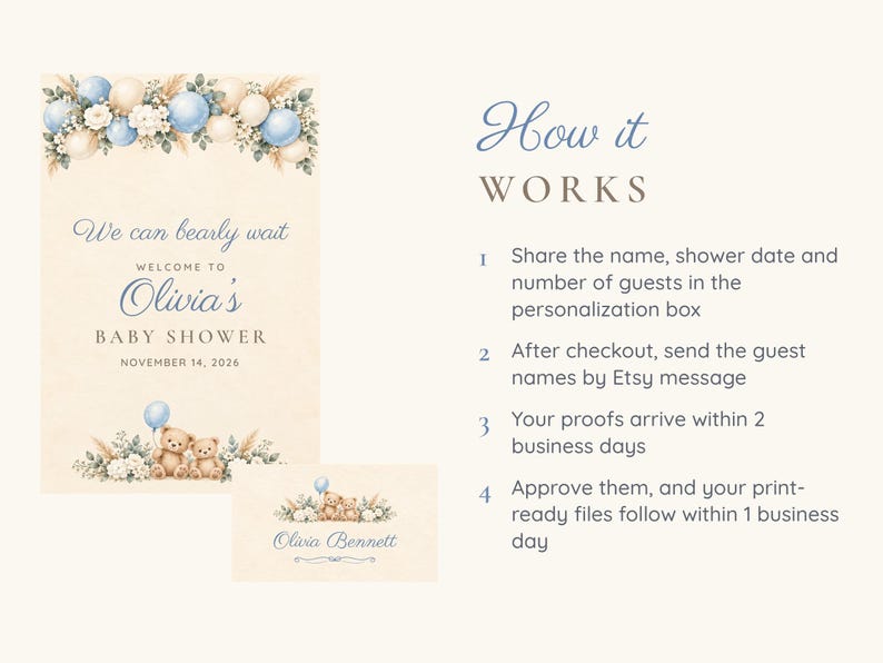 May include: A baby shower sign and matching card featuring two teddy bears, blue and cream balloons, and floral accents. The text reads: We can bearly wait, Welcome to Olivia's Baby Shower, November 14, 2026, and Olivia Bennett. Includes instructions: How it WORKS.