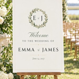 Custom Wedding Welcome Sign, Monogram Welcome Sign with Names and Date, Wreath Wedding Sign, Printable 24x36 Digital File image 1