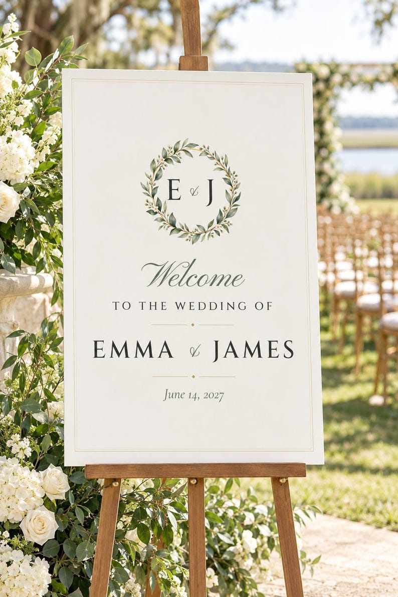 Custom Wedding Welcome Sign, Monogram Welcome Sign with Names and Date, Wreath Wedding Sign, Printable 24x36 Digital File image 1