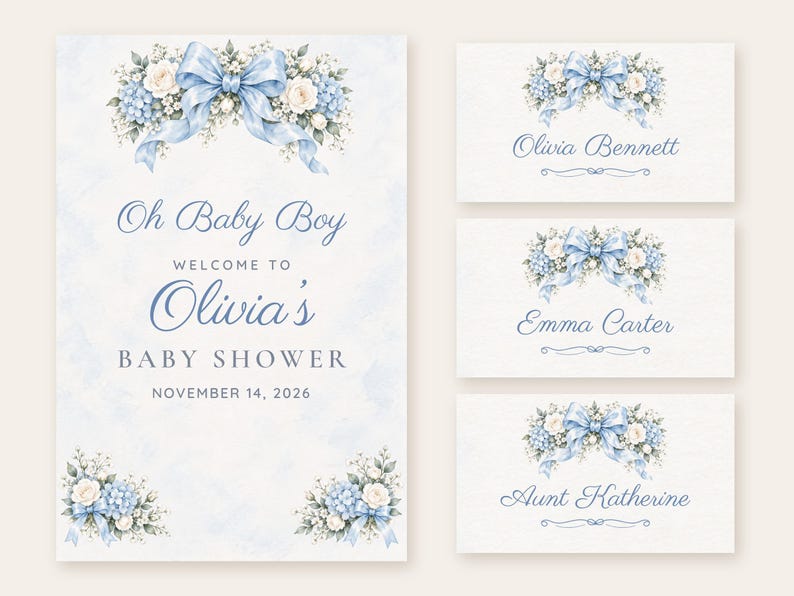 May include: A baby shower invitation and three place cards featuring watercolor blue bows, white roses, and blue hydrangeas. The text reads Oh Baby Boy WELCOME TO Olivia's BABY SHOWER NOVEMBER 14, 2026, with names Olivia Bennett, Emma Carter, and Aunt Katherine.