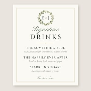 Custom Signature Drinks Sign, Monogram Wedding Bar Sign, Wreath Cocktail Menu, Printable 8x10 Digital File image 2