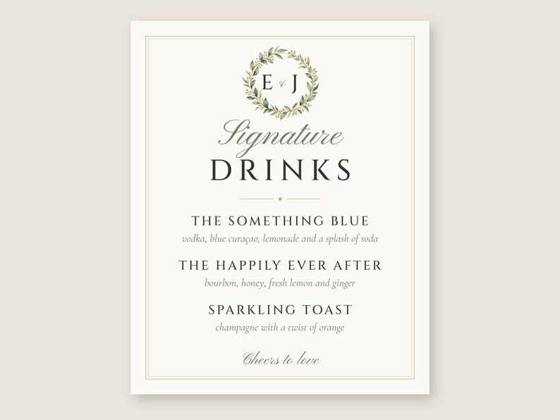 Custom Signature Drinks Sign, Monogram Wedding Bar Sign, Wreath Cocktail Menu, Printable 8x10 Digital File image 2