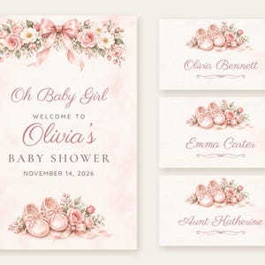May include: A baby shower invitation and three place cards featuring watercolor illustrations of pink baby shoes, roses, and a ribbon bow. The text reads: Oh Baby Girl WELCOME TO Olivia's BABY SHOWER NOVEMBER 14, 2026, Olivia Bennett, Emma Carter, and Aunt Katherine.