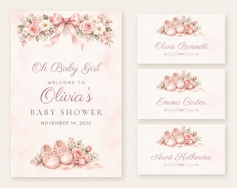 May include: A baby shower invitation and three place cards featuring watercolor illustrations of pink baby shoes, roses, and a ribbon bow. The text reads: Oh Baby Girl WELCOME TO Olivia's BABY SHOWER NOVEMBER 14, 2026, Olivia Bennett, Emma Carter, and Aunt Katherine.