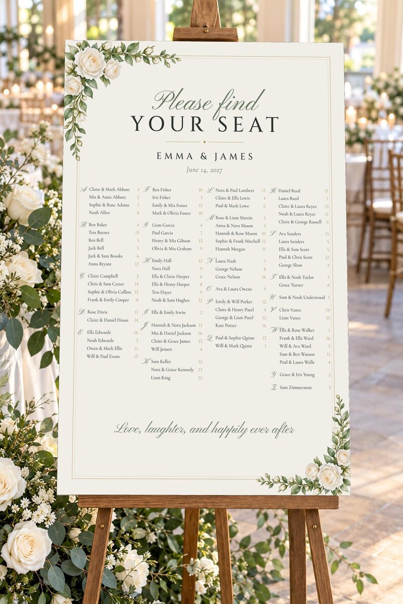 Custom Wedding Sign Bundle, White Rose Welcome Sign, Seating Chart, Name Tents, Menu and Bar Sign, Printable Digital Files image 2