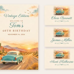Birthday Welcome Sign and Name Tents Set, Vintage Edition, Retro Car Birthday Decor, Custom Printable Digital Files