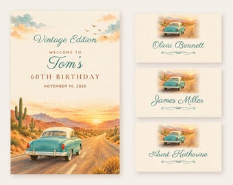 Birthday Welcome Sign and Name Tents Set, Vintage Edition, Retro Car Birthday Decor, Custom Printable Digital Files