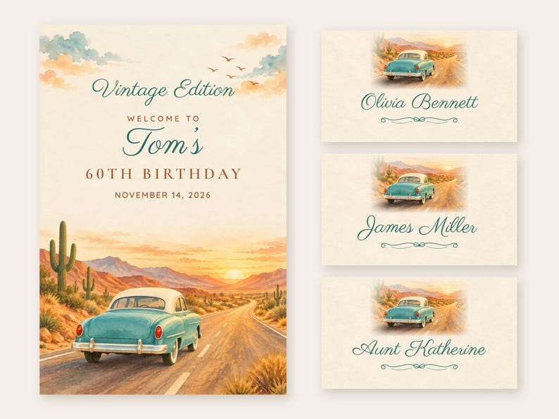 Birthday Welcome Sign and Name Tents Set, Vintage Edition, Retro Car Birthday Decor, Custom Printable Digital Files image 1