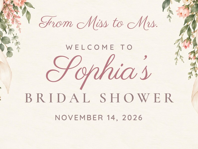 Custom Bridal Shower Welcome Sign, From Miss to Mrs Sign, Blush Peony Bridal Shower Decor, Printable 24x36 Digital File immagine 3