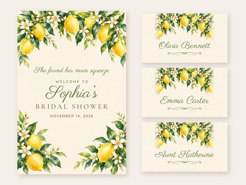 May include: A cream-colored bridal shower welcome sign and three place cards featuring watercolor illustrations of yellow lemons, green leaves, and white blossoms. The text reads: She found her main squeeze, WELCOME TO Sophia's BRIDAL SHOWER, NOVEMBER 14, 2026, Olivia Bennett, Emma Carter, and Aunt Katherine.