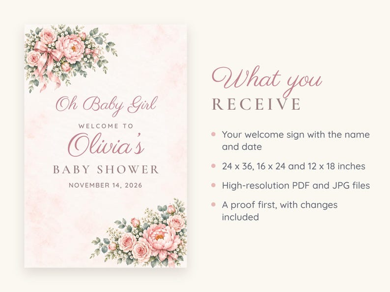 May include: A baby shower welcome sign featuring pink floral arrangements with roses and greenery, displaying the text Oh Baby Girl WELCOME TO Olivia's BABY SHOWER NOVEMBER 14, 2026, alongside a list of available sizes in 24x36, 16x24, and 12x18 inches.