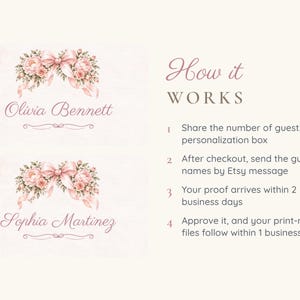 May include: Two rectangular cards featuring pink floral arrangements with bows and the names Olivia Bennett and Sophia Martinez. The text How it WORKS lists four steps for personalization, including sharing guest counts and sending names via Etsy message.