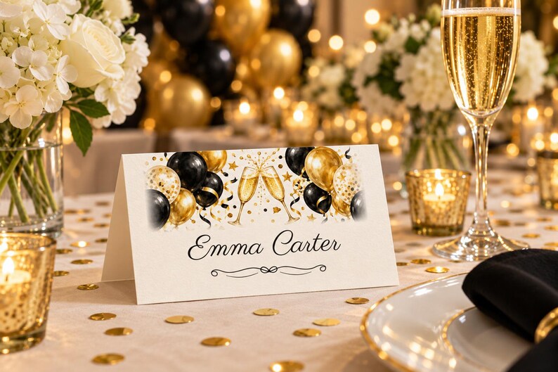 Tarjetas de cumpleaños con nombres, tarjetas de lugar con globos negros y dorados, decoración de mesa para cena de cumpleaños con el tema "¡Salud!", archivo digital imprimible personalizado. imagen 1