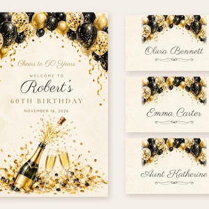 Birthday Welcome Sign and Name Tents Set, Cheers to 60 Years, Black and Gold Balloon Arch Birthday Decor, Custom Printable Digital Files image 1