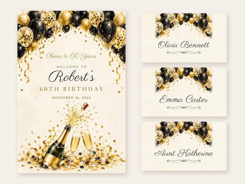 Birthday Welcome Sign and Name Tents Set, Cheers to 60 Years, Black and Gold Balloon Arch Birthday Decor, Custom Printable Digital Files image 1