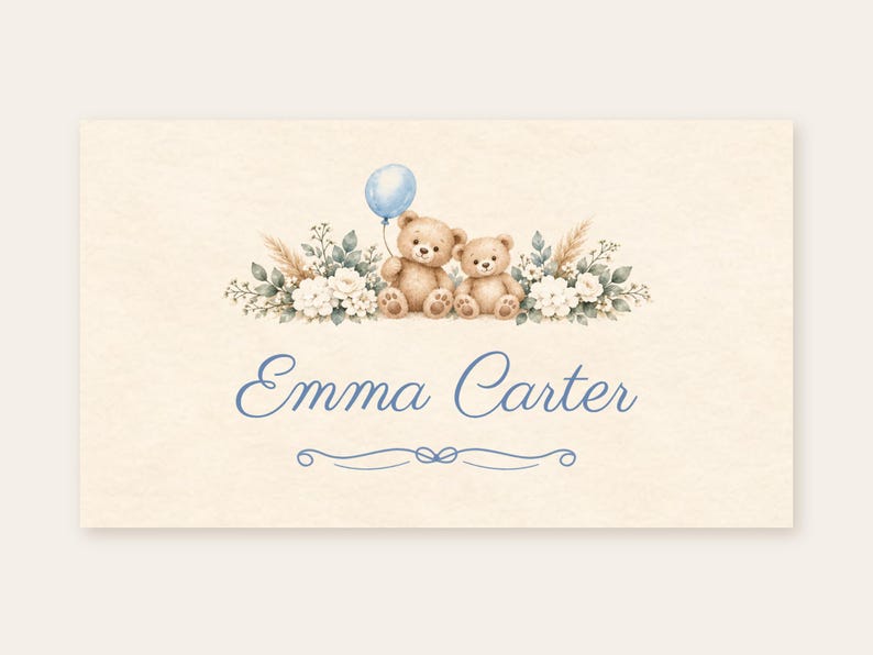 May include: A rectangular card featuring the name Emma Carter in blue script text. Above the name are two brown teddy bears, one holding a light blue balloon, surrounded by white flowers, green leaves, and beige pampas grass.