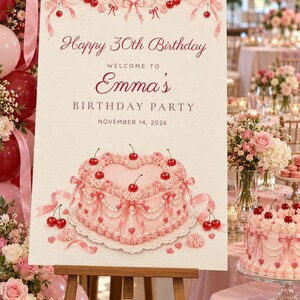 Custom Birthday Welcome Sign, Happy 30th Birthday Sign, Pink Heart Cake Birthday Decor, Printable 24x36 Digital File image 1