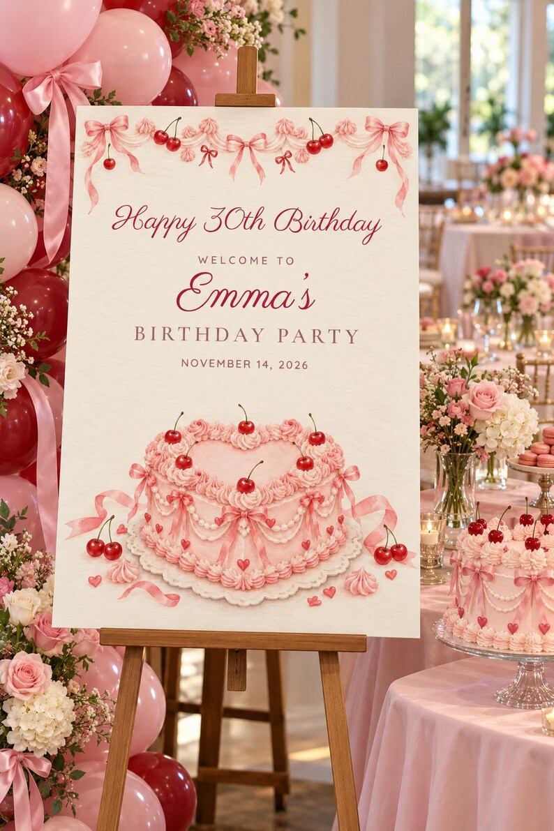 Custom Birthday Welcome Sign, Happy 30th Birthday Sign, Pink Heart Cake Birthday Decor, Printable 24x36 Digital File image 1
