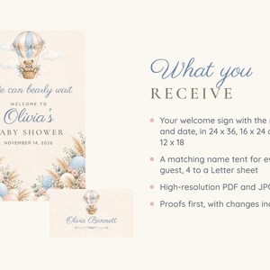 Puede incluir: Un cartel de bienvenida para baby shower y una tarjeta de nombre con un osito de peluche en un globo aerost&aacute;tico, flores y el texto: We can bearly wait, WELCOME TO Olivia's BABY SHOWER, NOVEMBER 14, 2026, y Olivia Bennett.